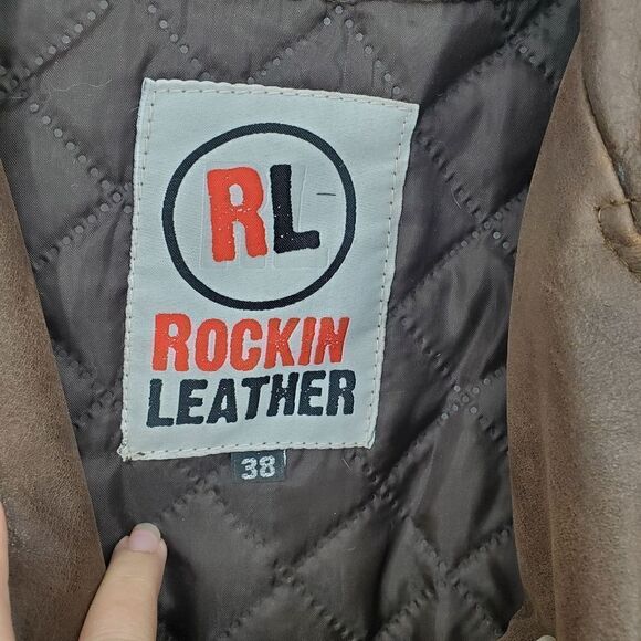 Rocking Leather Motto Style Brown Jacket With Removable Quilted Liner Size 38 - Picture 2 of 13
